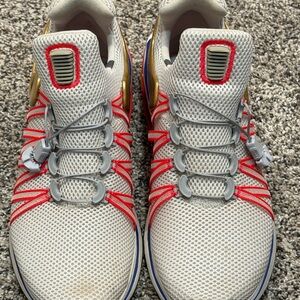 Men's White Mesh Sneakers with Red Accent Lacing